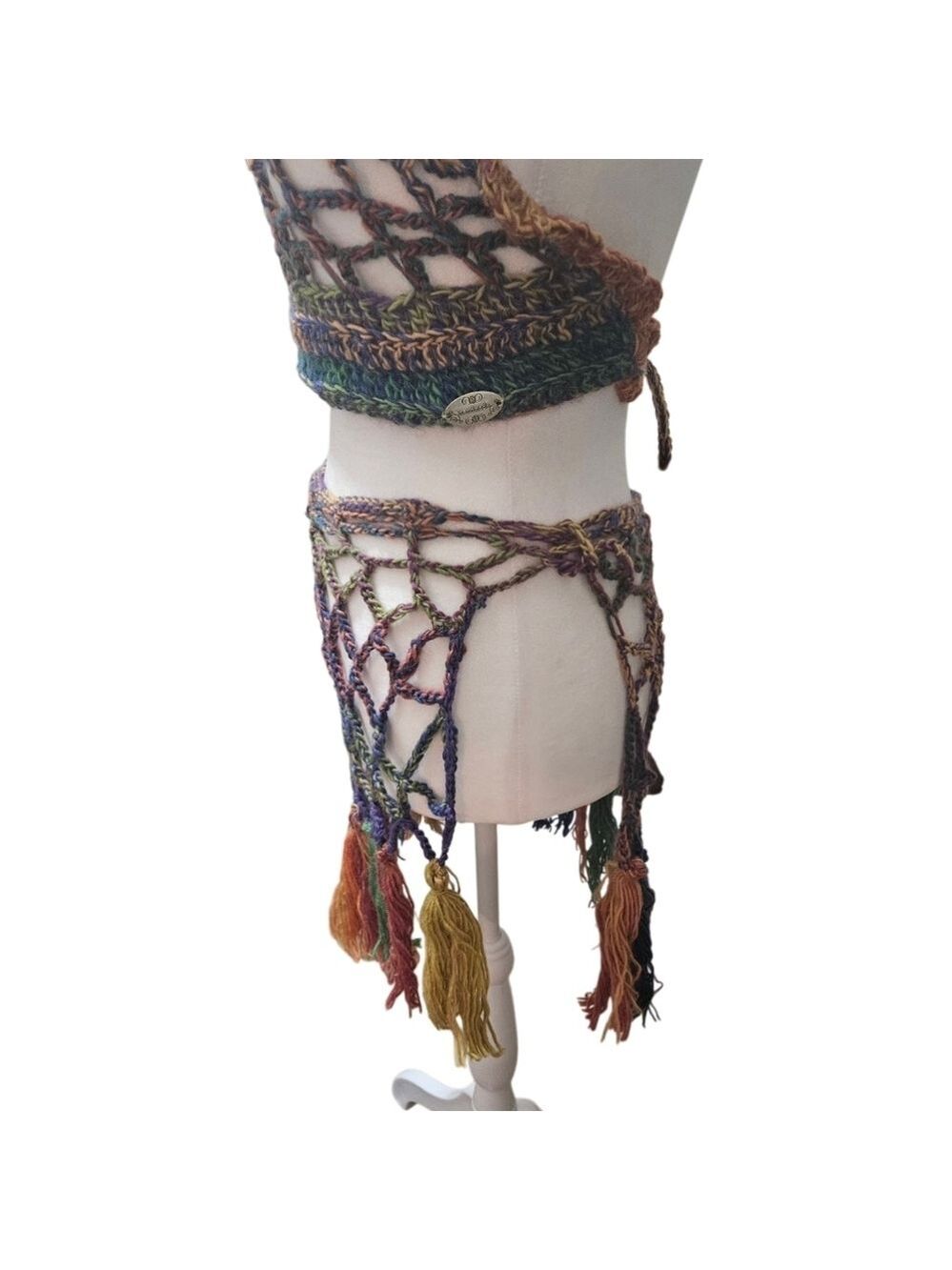 Handmade Crochet Swim Cover-up Fishnet Design Multicolor Rainbow Halter Crop-Top - Picture 6 of 17